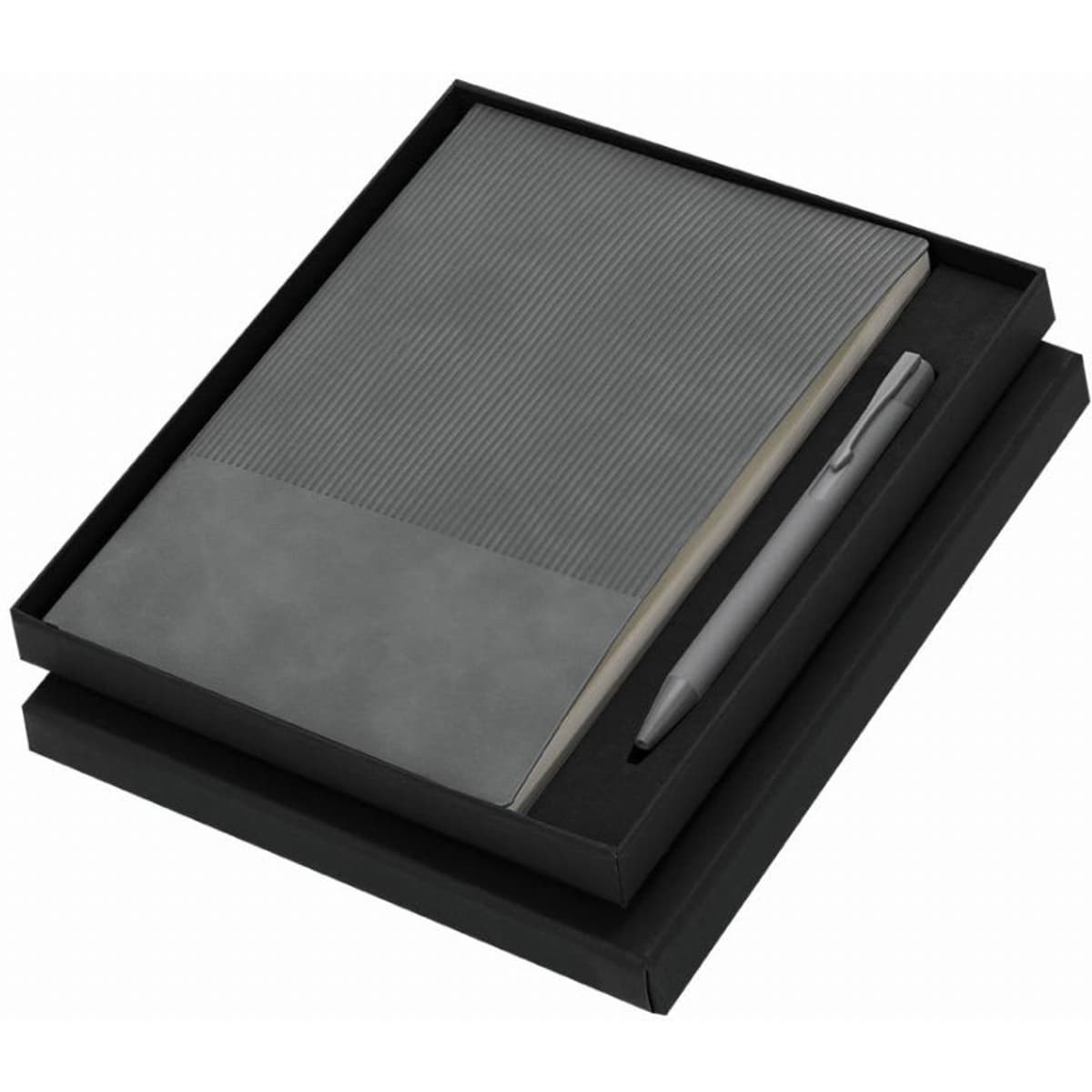 A notebook with a ribbed cover and a grey pen, presented in a black gift box.