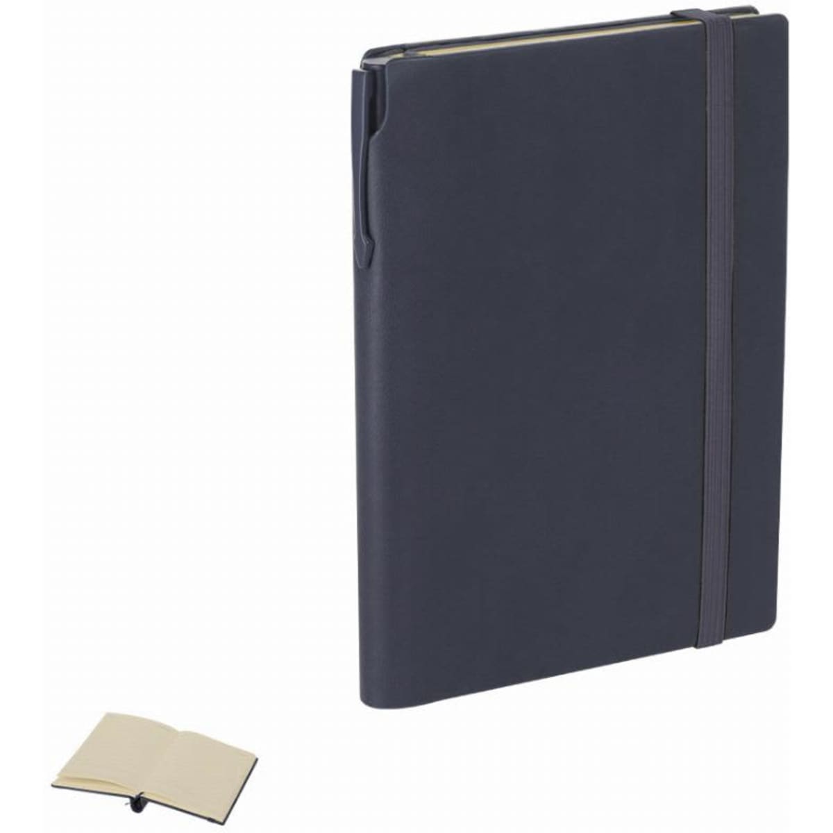 A dark blue notebook with an elastic band and a pen loop; features a blank interior with a cream-coloured page.