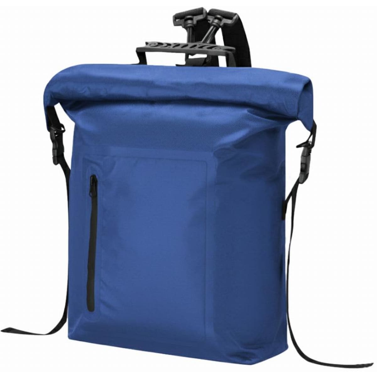 A blue roll-top backpack with adjustable straps and a front zip pocket, featuring a sleek design.