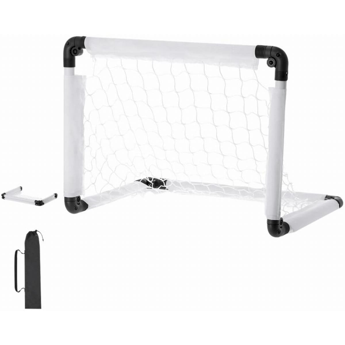 A portable football goal with white posts and black connectors, featuring a net and a detachable stand.