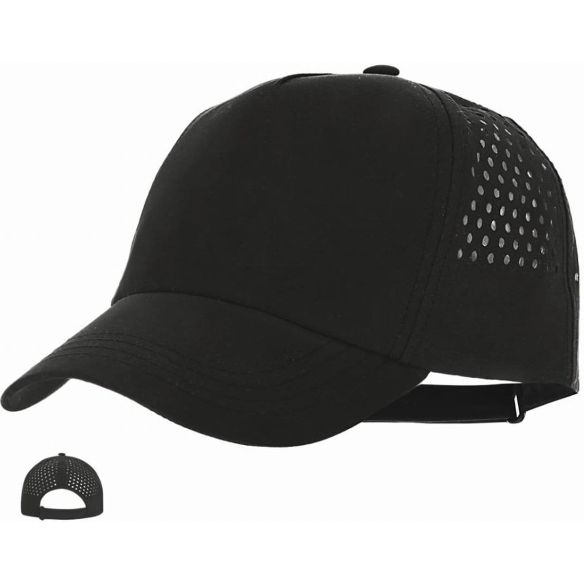 A black cap with a curved brim and perforated detailing at the back, featuring an adjustable strap.