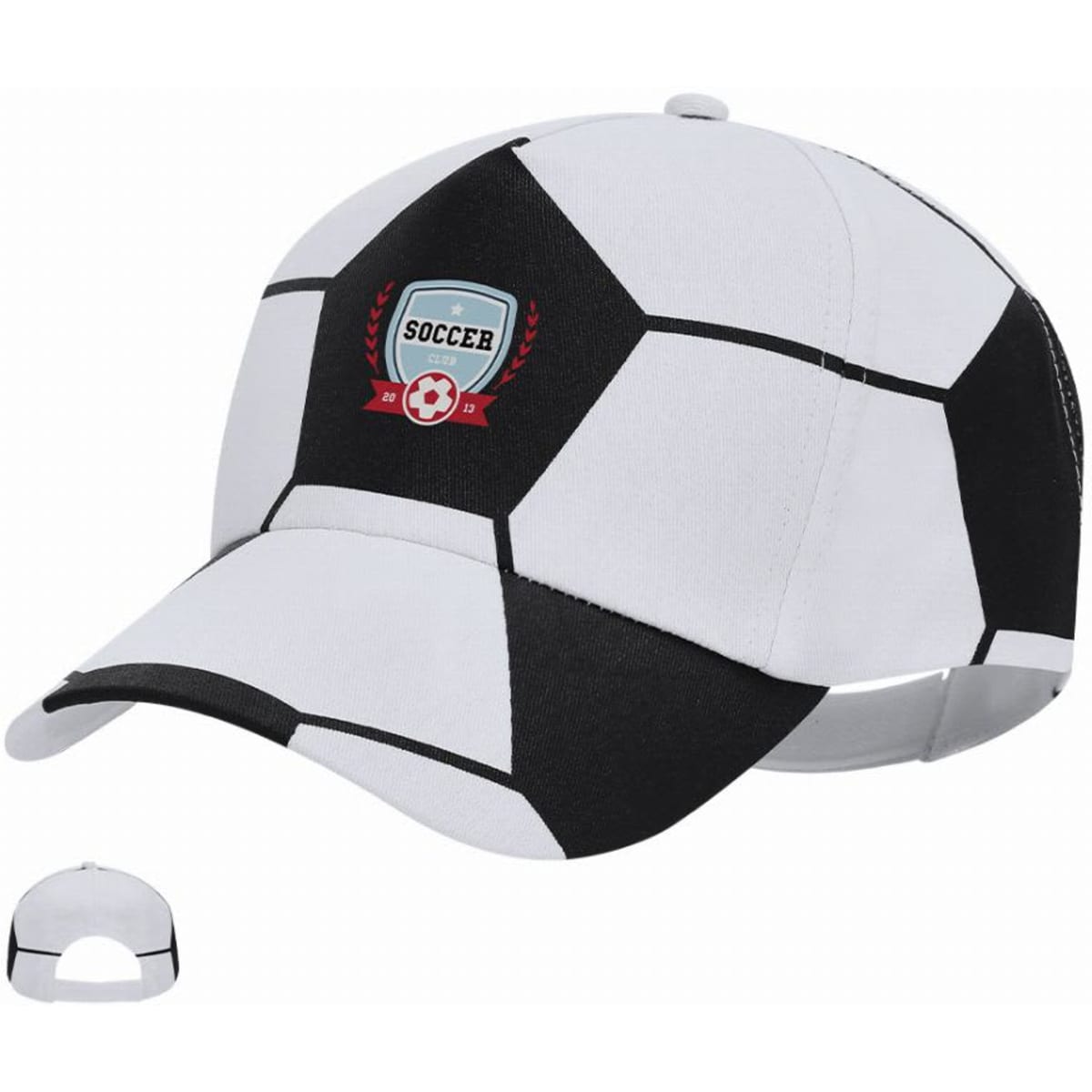 A cap designed to resemble a soccer ball, featuring black and white panels and a logo on the front.