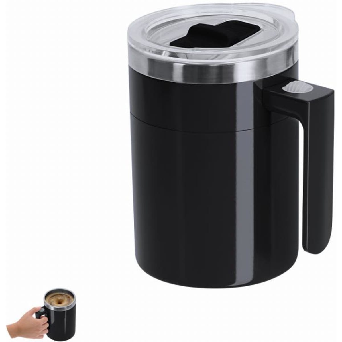 A drink bottle in black with a metal lid, featuring a handle and a logo on the side.