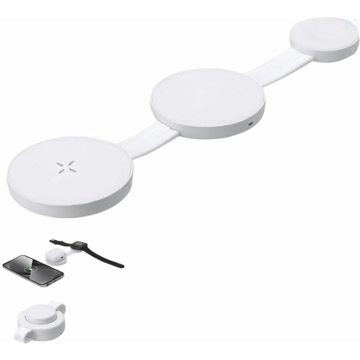 A charging dock in white with three pads, designed for wireless charging of devices, including a smartphone and a watch.