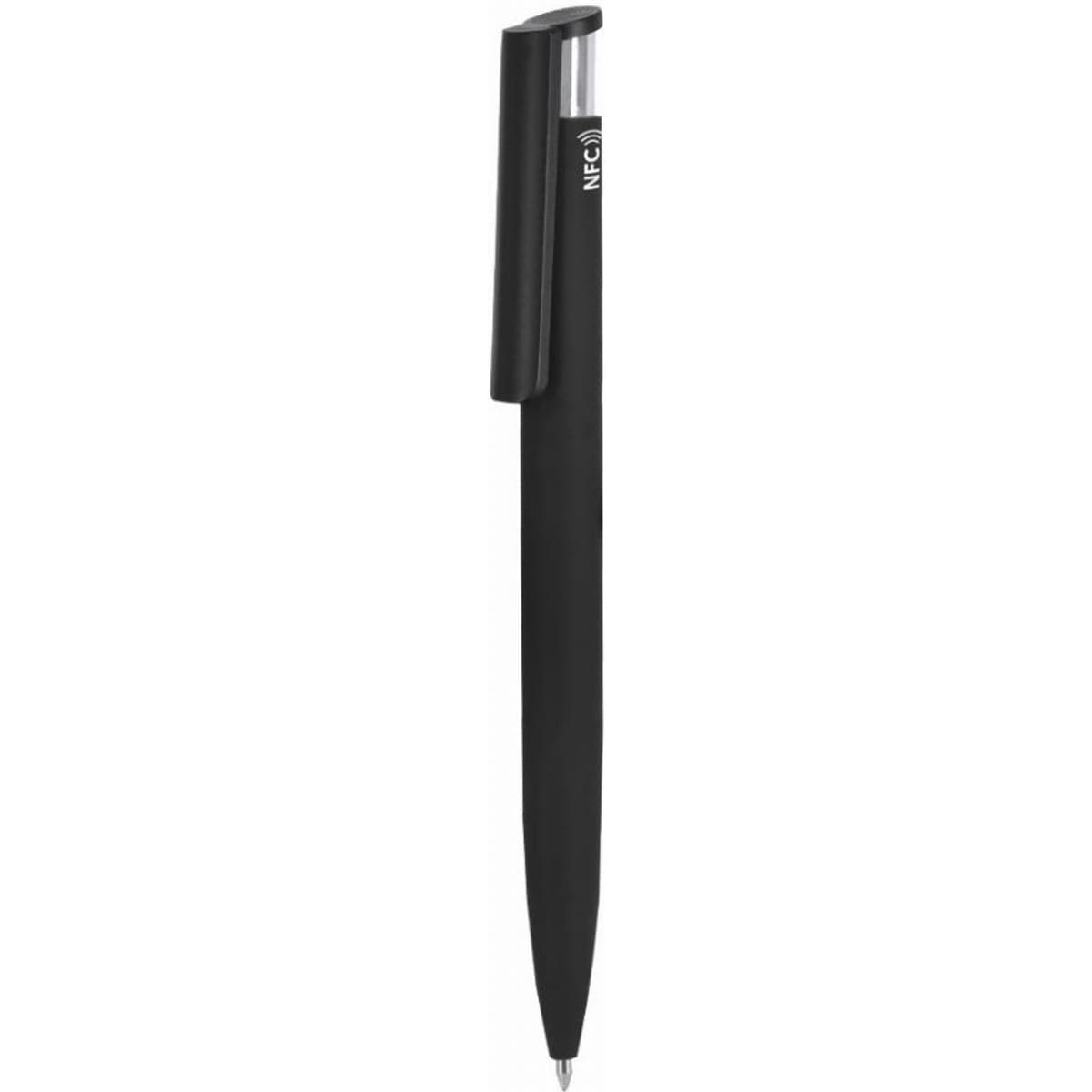 A black pen with a sleek design and a clip for securing to notebooks or pockets. It features a branding logo.