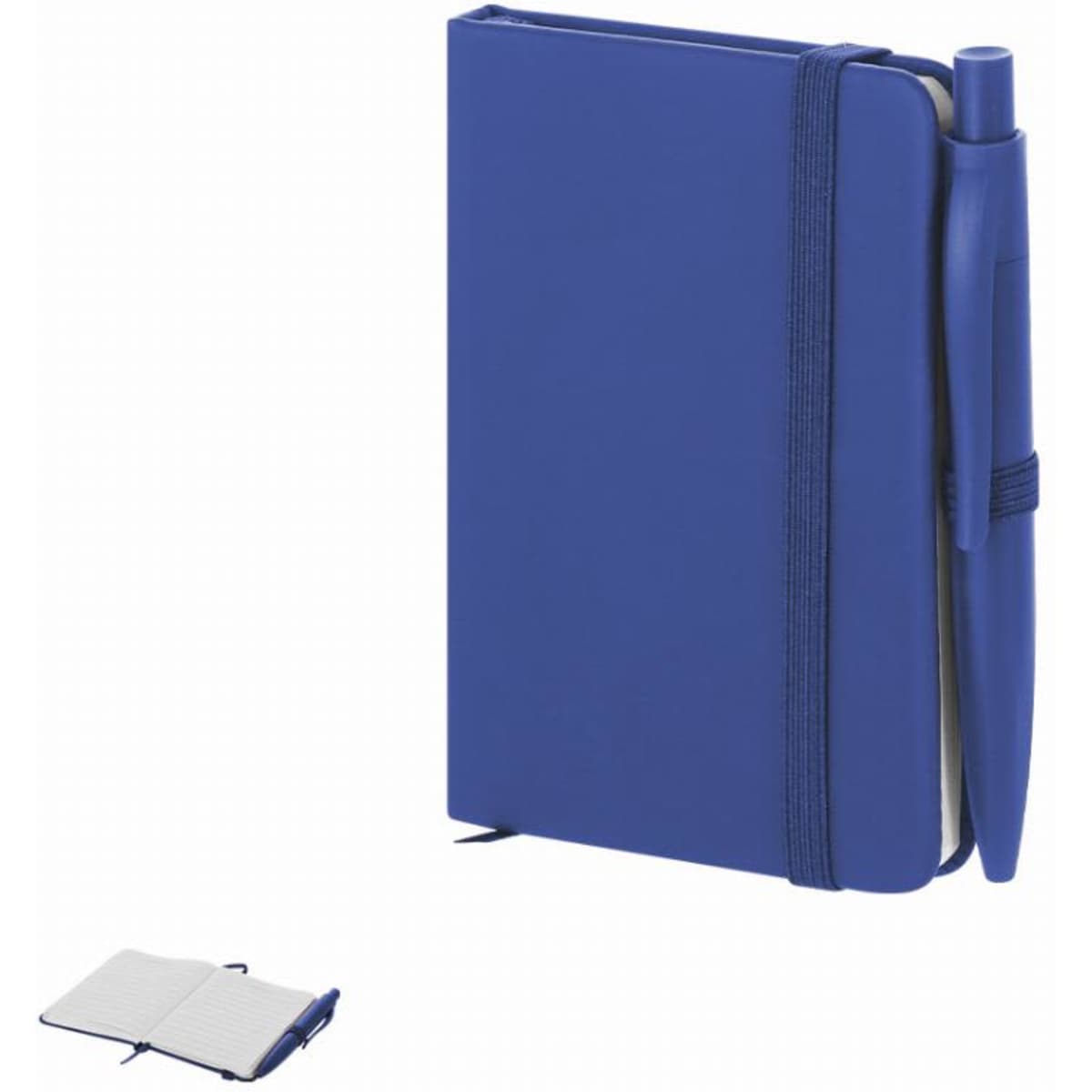 A blue notebook with a pen attached, featuring an elastic closure and a blank interior.