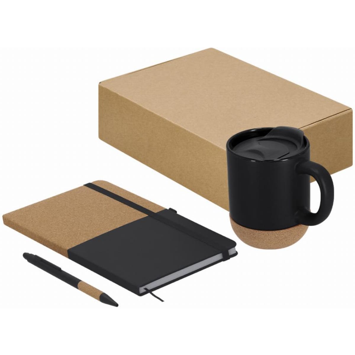 A promotional gift set featuring a black mug with cork base, a black notebook, and a black pen, packaged in a brown box.