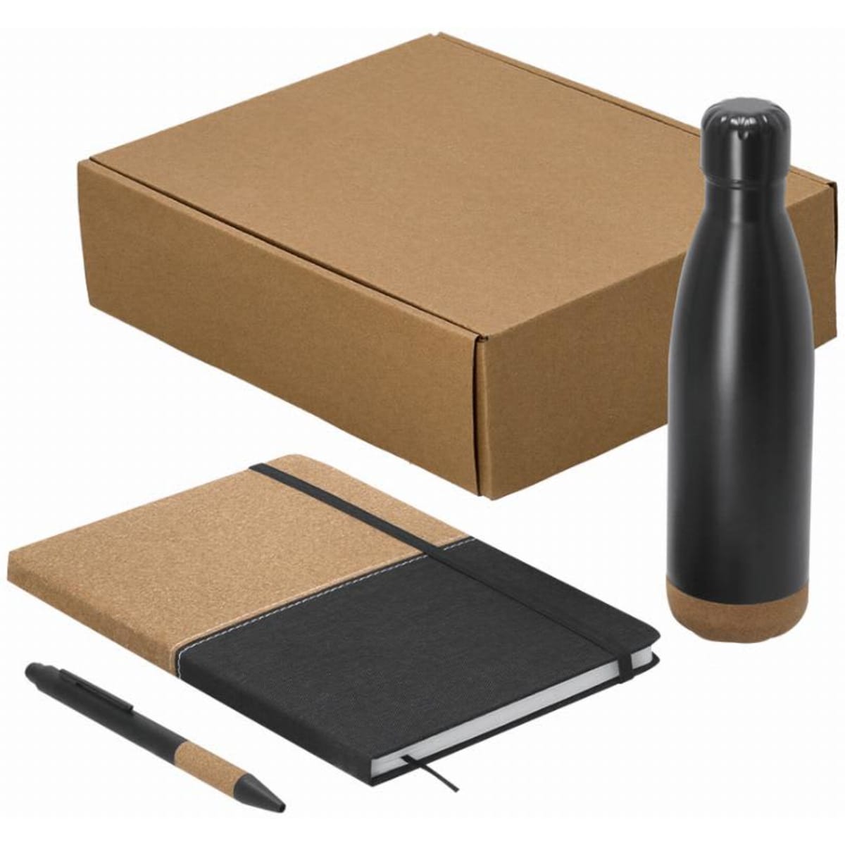 A drink bottle in black, a black and cork notebook, and a pen, presented in a brown cardboard box.