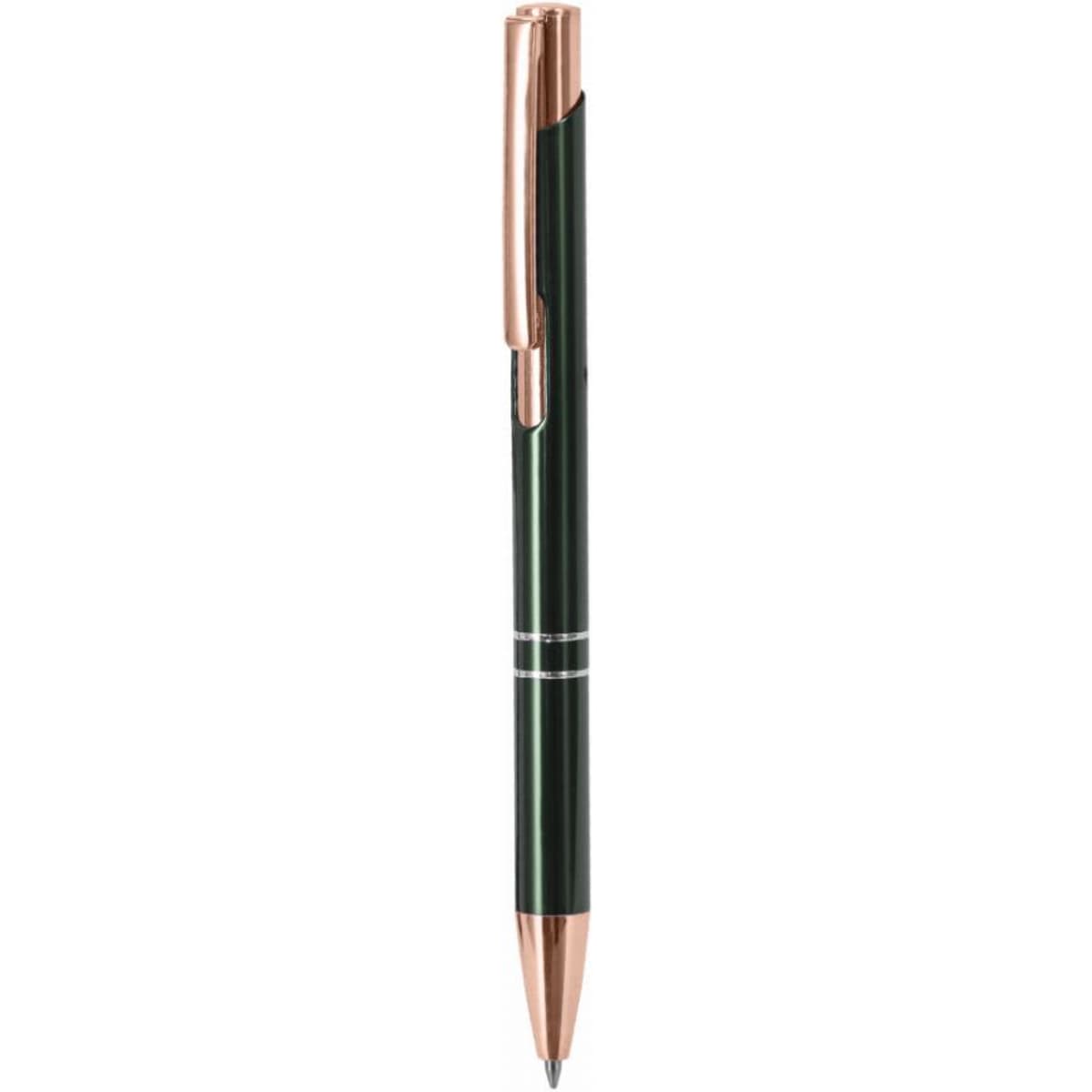 A green pen with a rose gold clip and detailing, featuring a logo on the barrel.