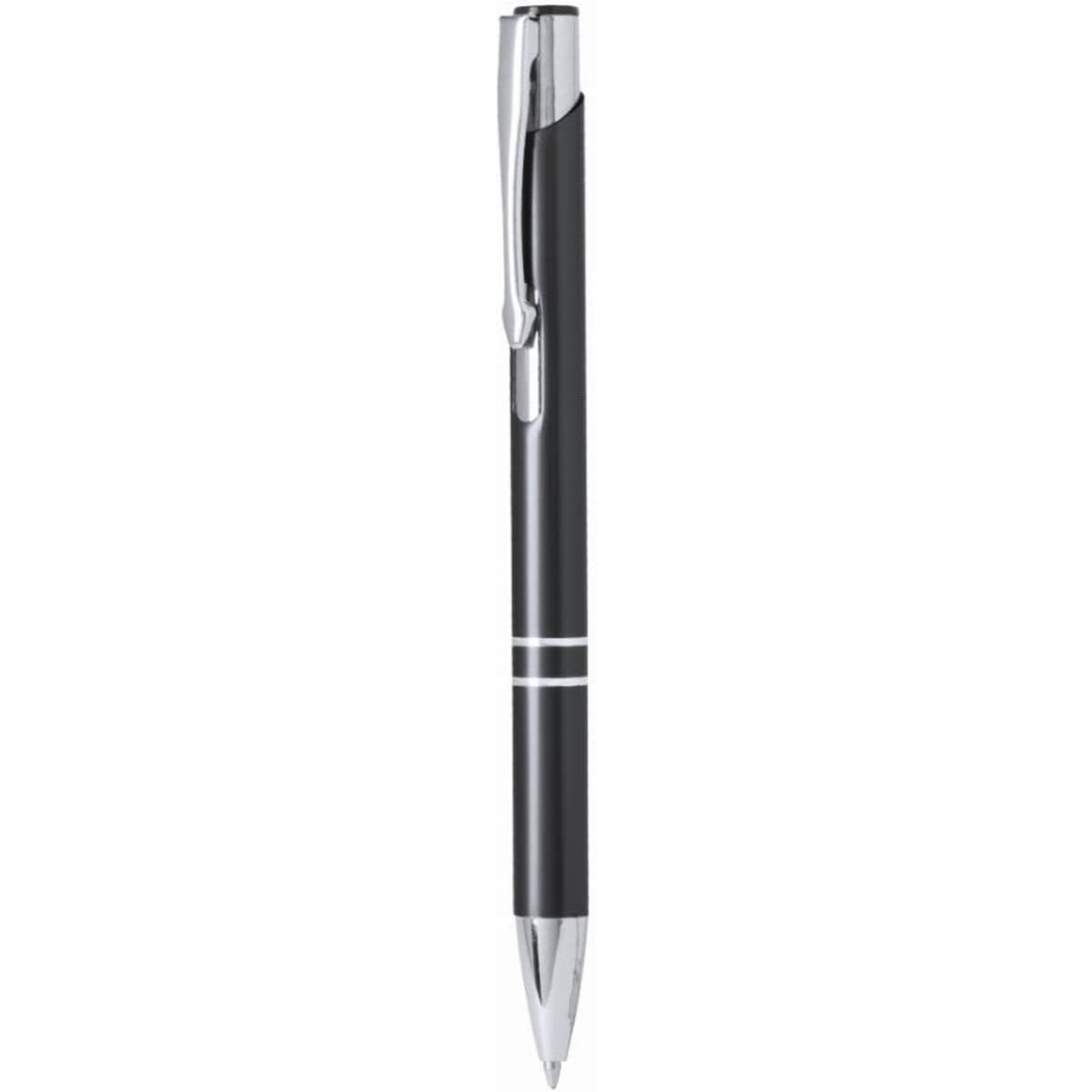 A pen with a sleek black body and silver accents, featuring a clip and retractable nib.