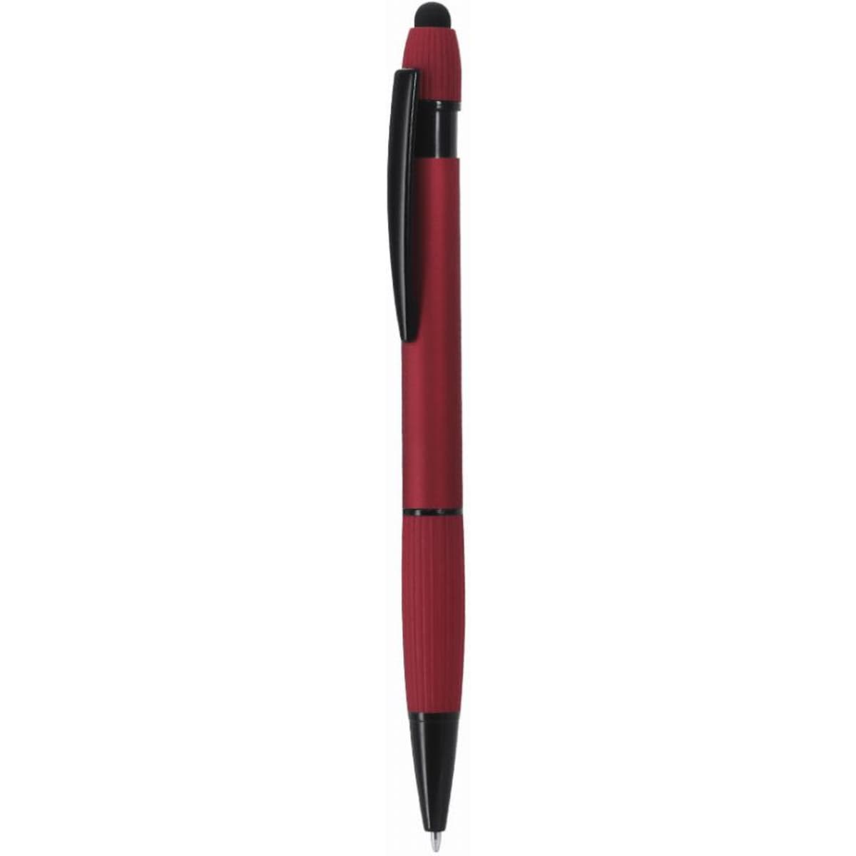 A pen in a deep red colour with a black grip and a black clip, featuring a logo on its barrel.