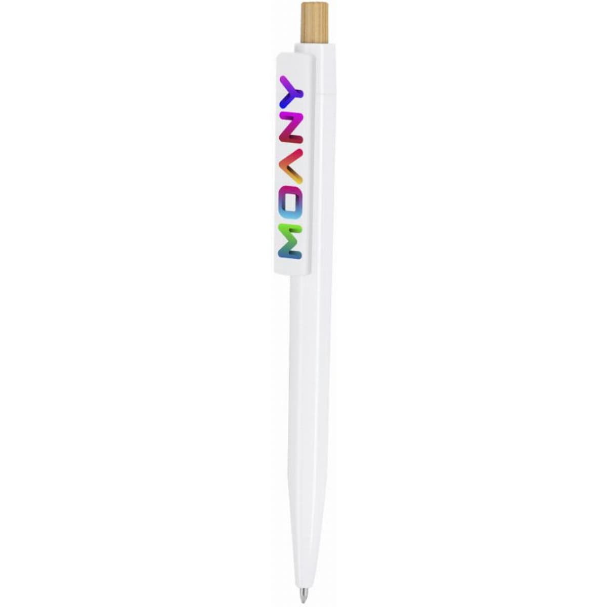 A pen with a white body and a gold tip, featuring a multi-coloured logo.