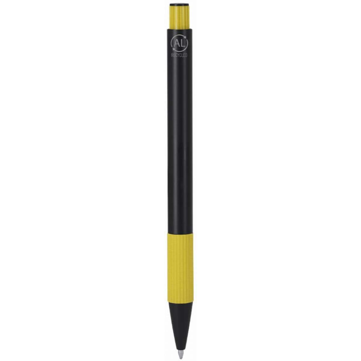 A ballpoint pen featuring a black body with a yellow grip and top, including a logo on the barrel.