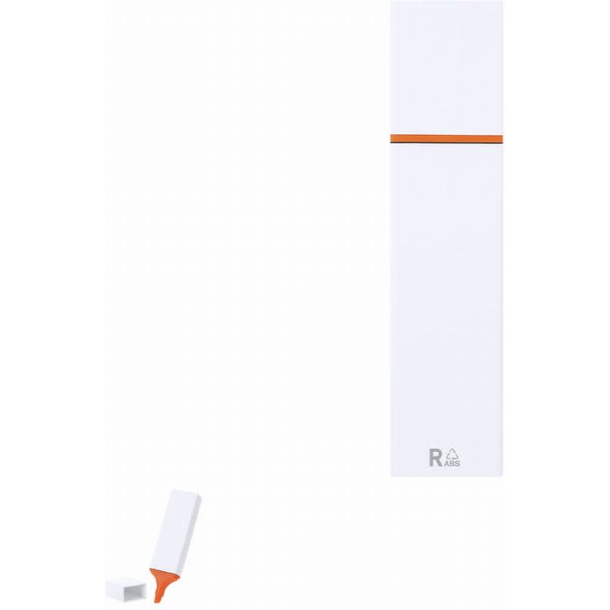 A drink bottle in white with an orange band, accompanied by a small white cap. It features branding.