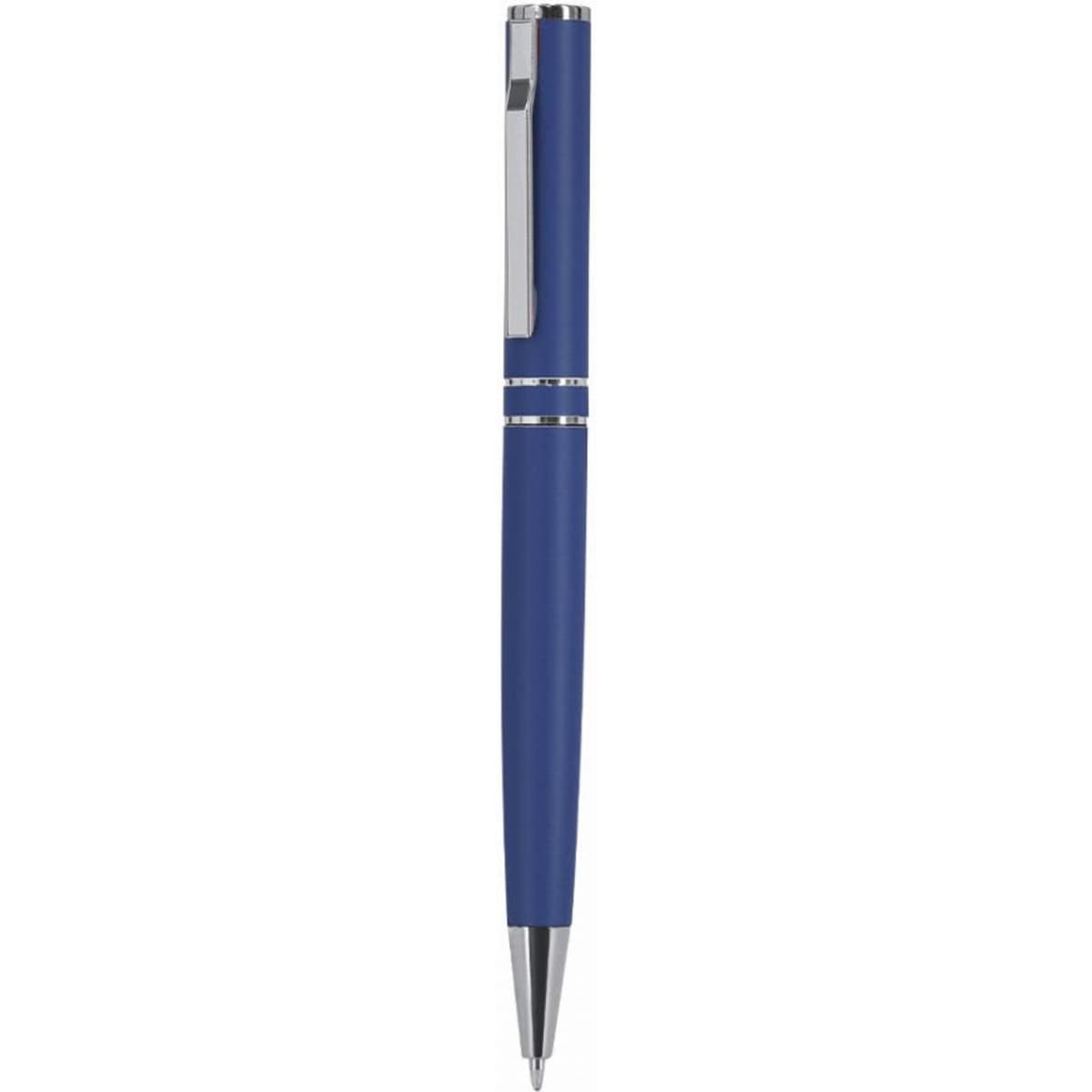 A blue pen with a silver clip and accents, featuring a smooth design and a click mechanism.
