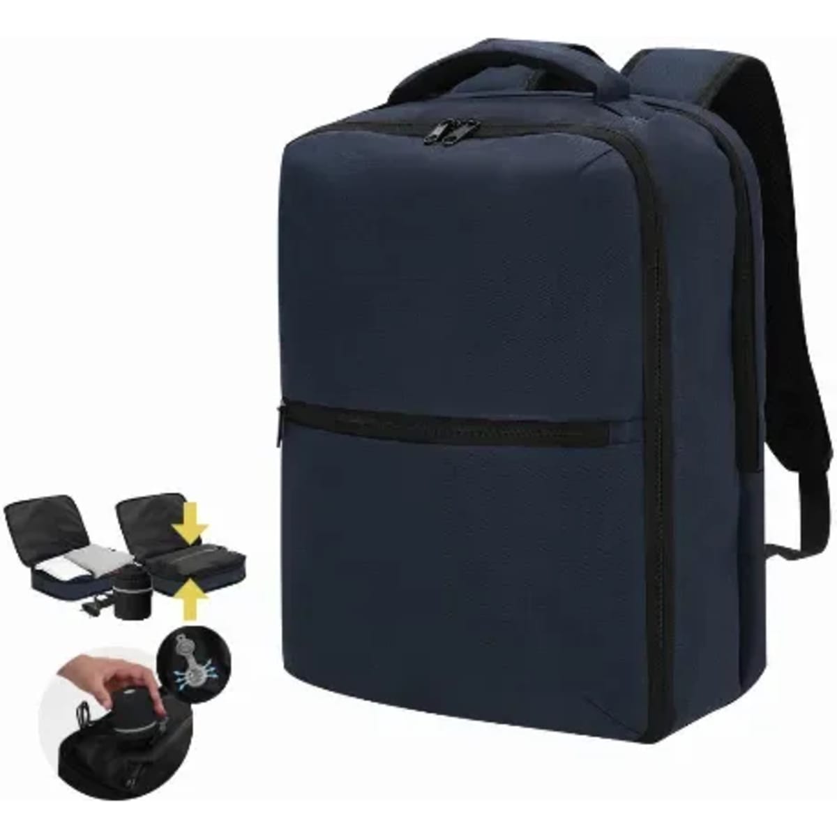 A navy backpack with a front pocket and adjustable straps, featuring a logo and additional compartments.