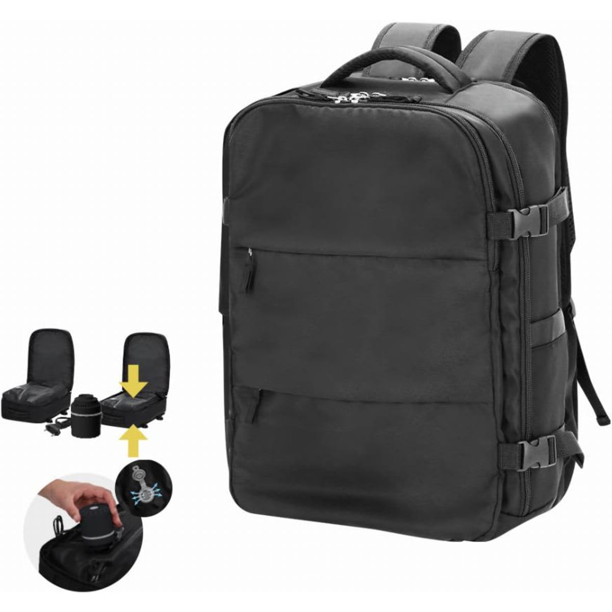 A black backpack with multiple compartments and zippers, featuring a logo and an external USB charging port.
