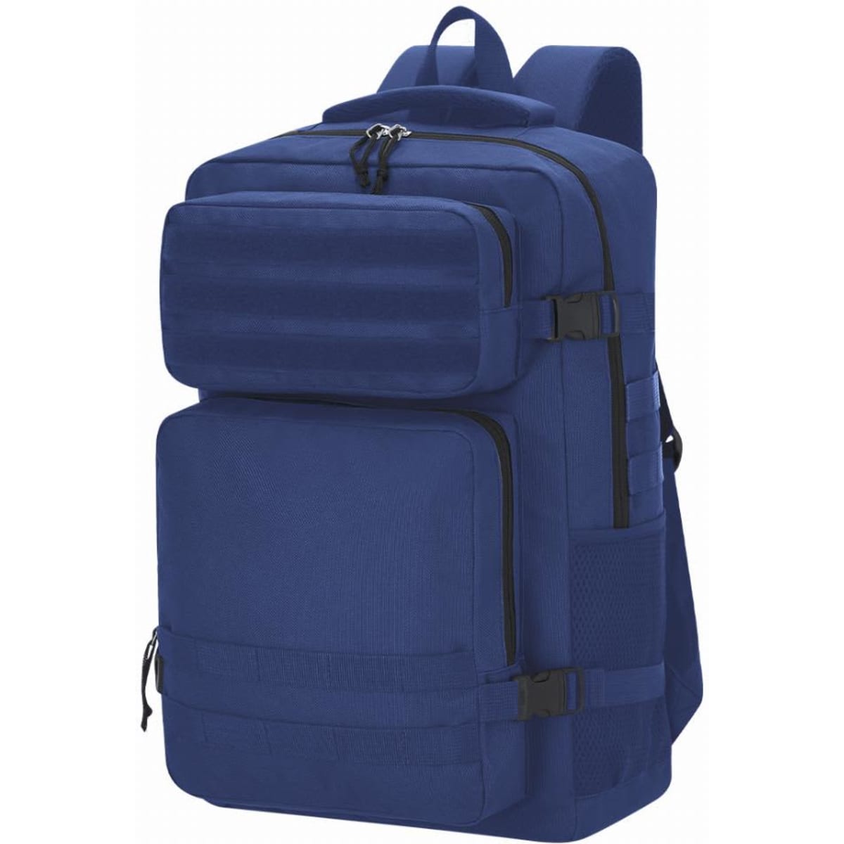 A blue backpack with multiple compartments, adjustable straps, and a sleek design, featuring a logo on the front.