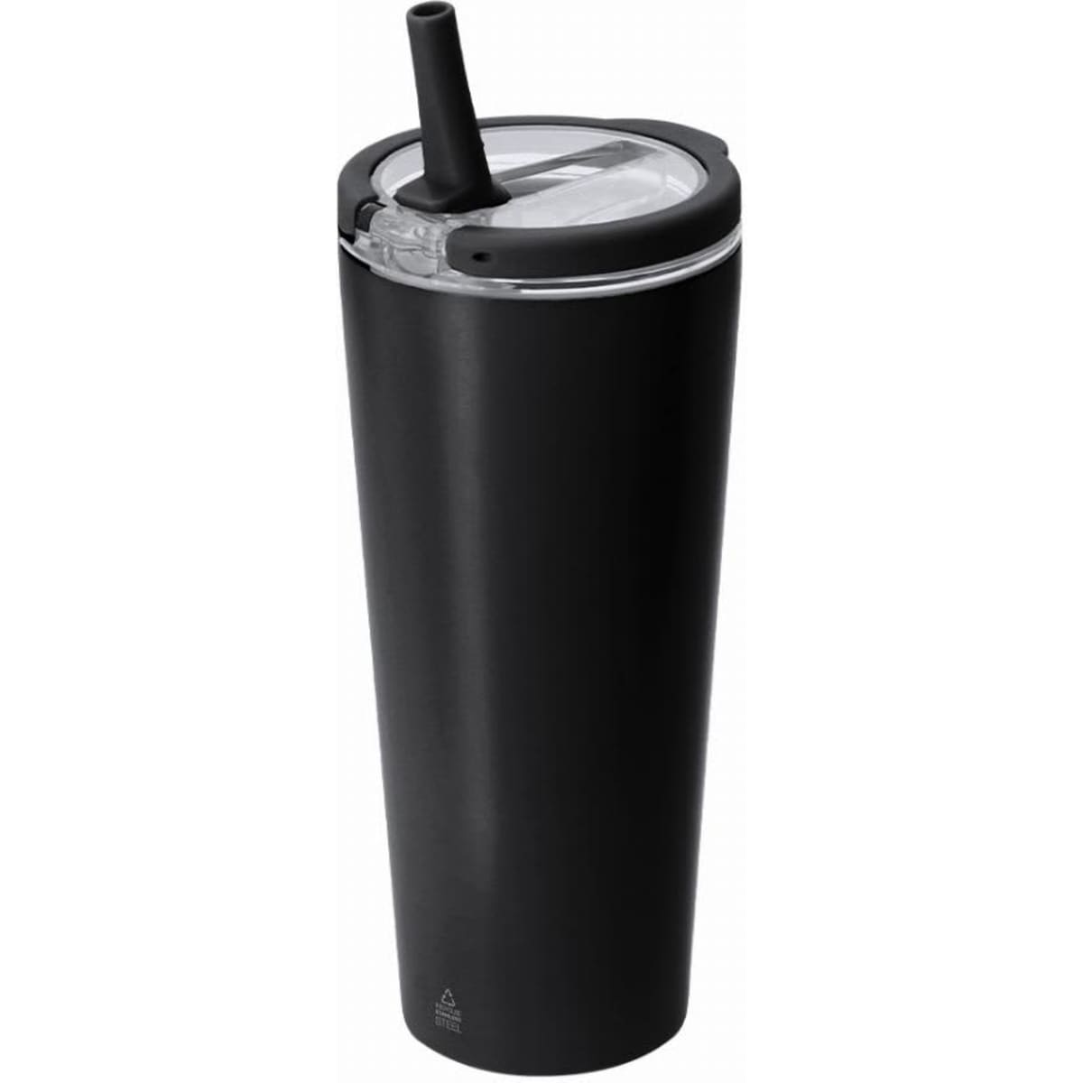 A drink bottle in matte black with a straw lid, featuring a clear section and a logo on the side.