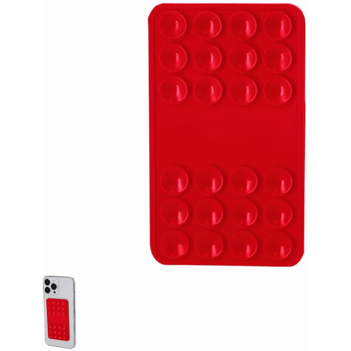 A red silicone gadget with circular depressions, resembling a tactile fidget mat, featuring a branding logo.