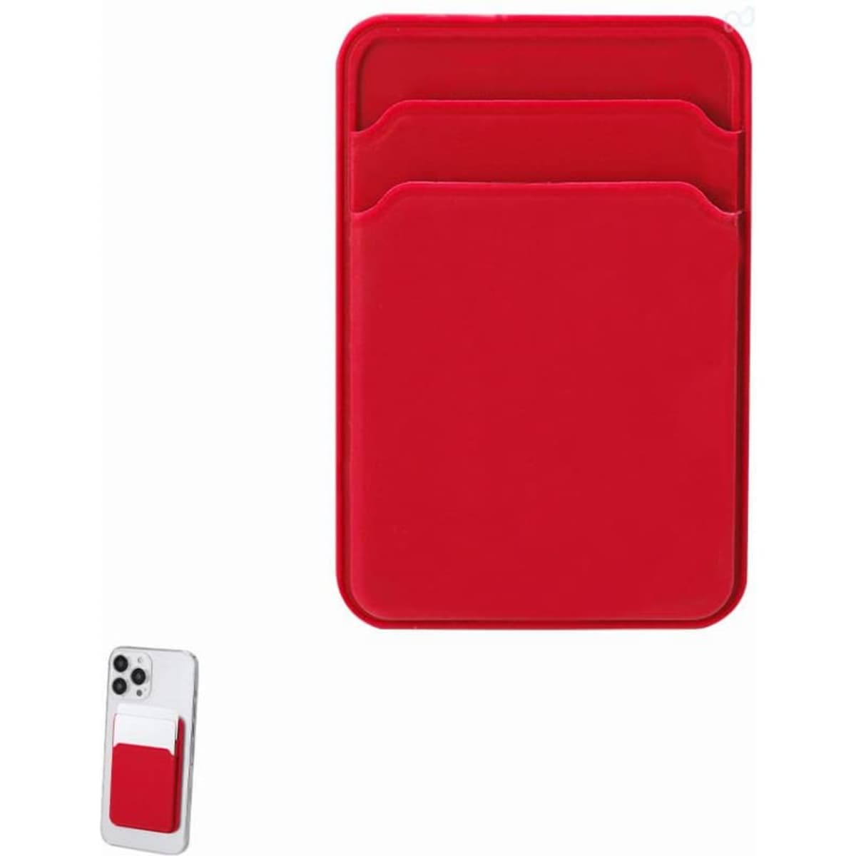 A red phone wallet with two pockets, designed to attach to the back of a smartphone. Features a simple, minimalist design.