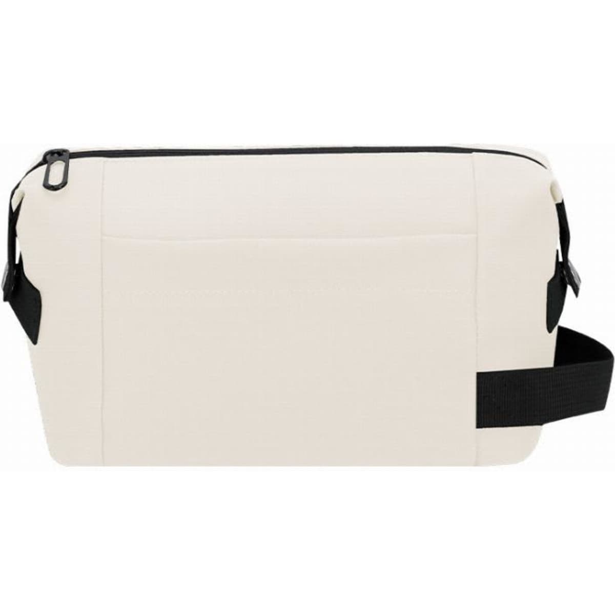 A cream zippered cosmetic bag with a black strap and zipper, featuring a rectangular shape.