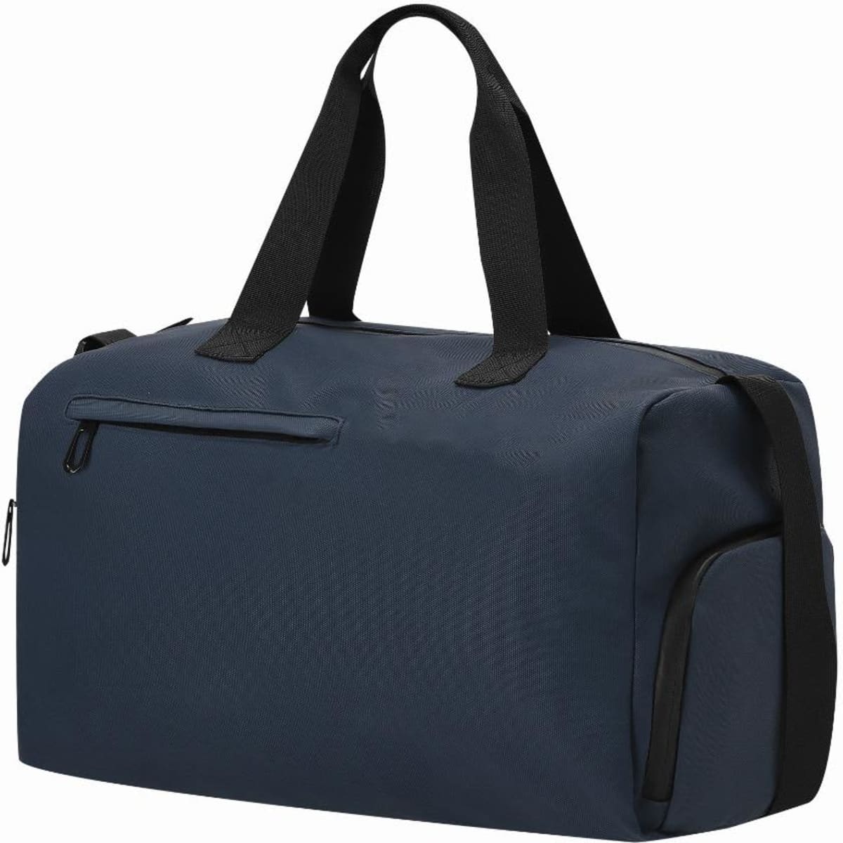 A navy duffel bag with black straps and a zippered pocket on the front. The bag features a logo.