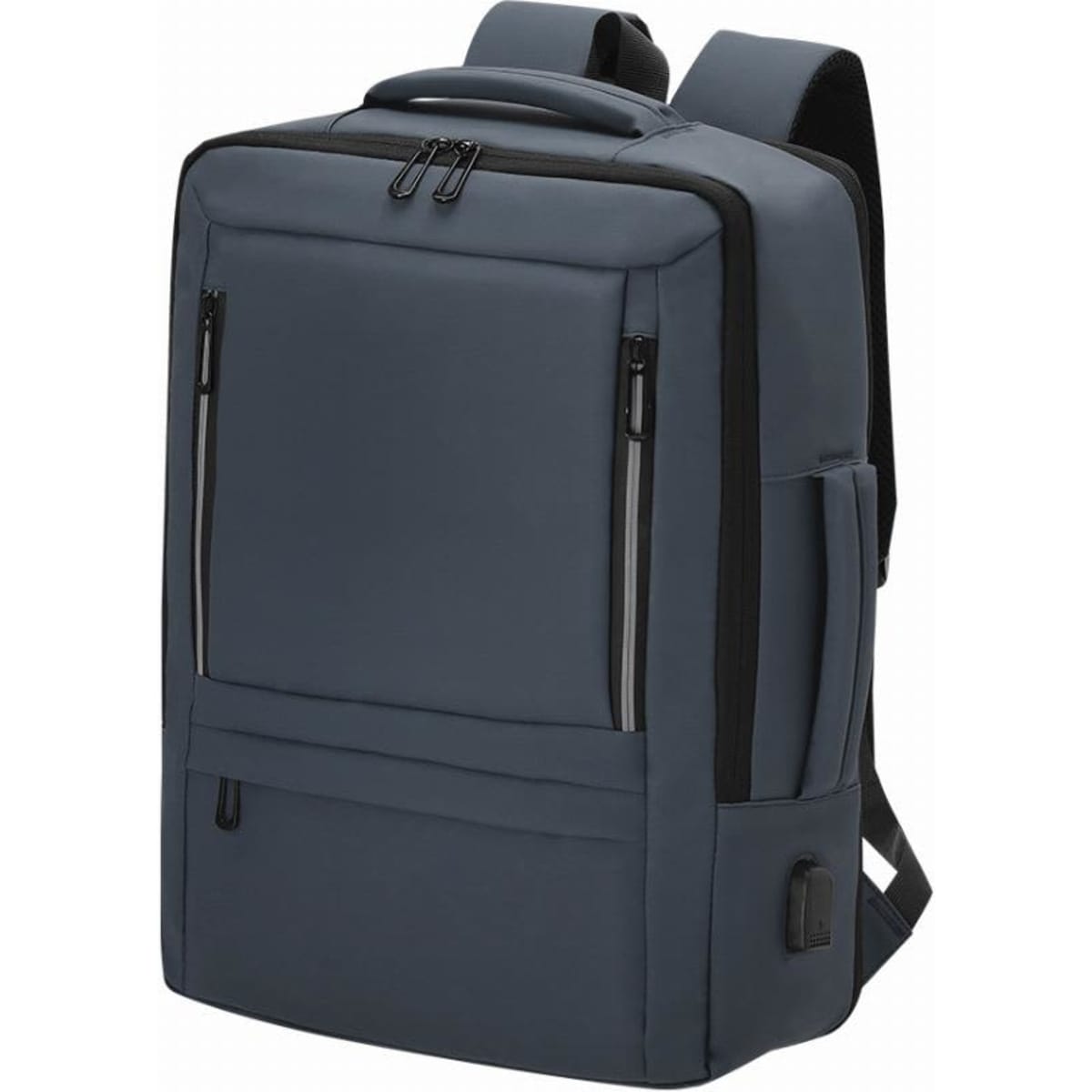 A grey backpack with multiple compartments and zippered pockets, featuring padded shoulder straps.
