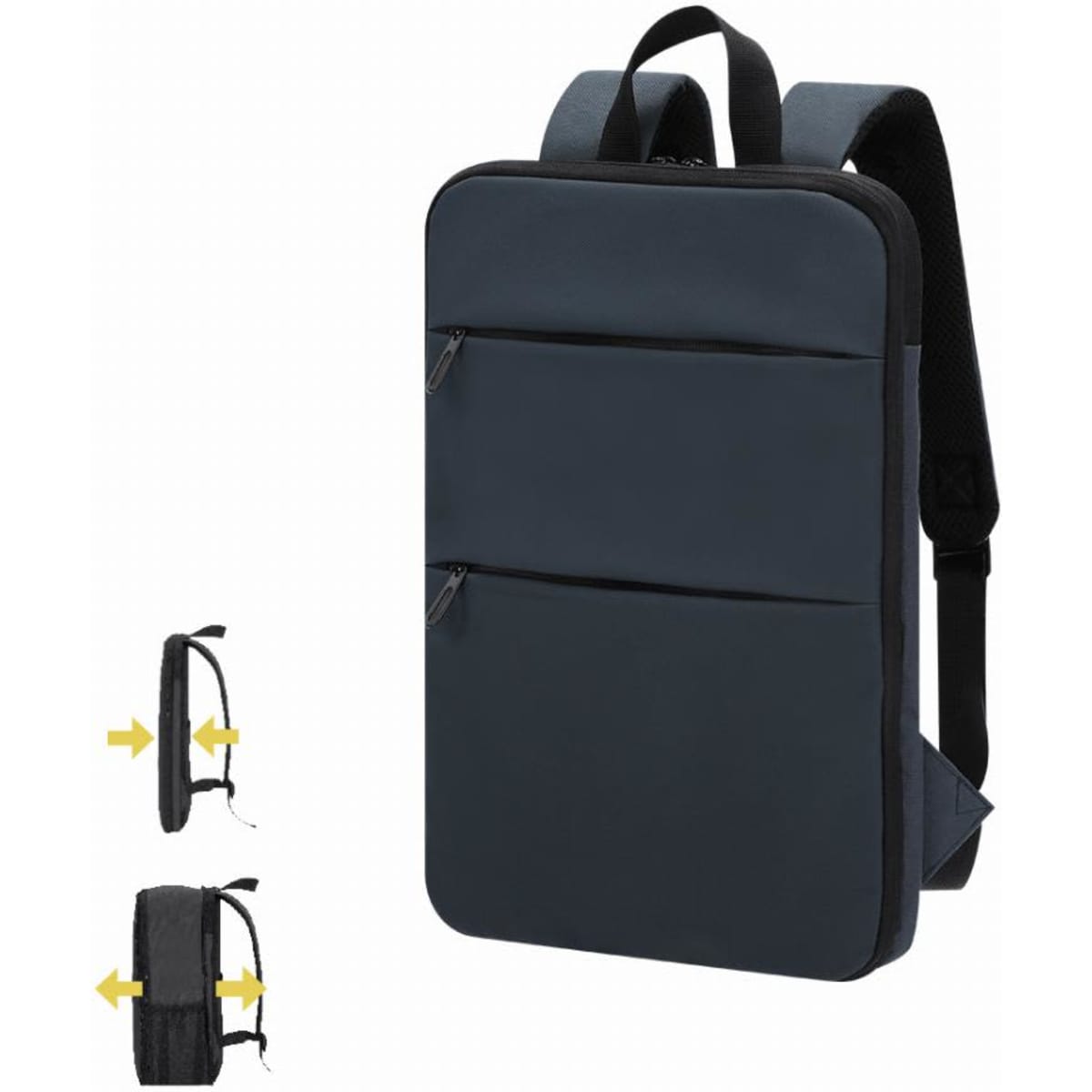 A backpack in dark blue with two exterior zippered pockets and adjustable shoulder straps. It has a sleek, minimal design.