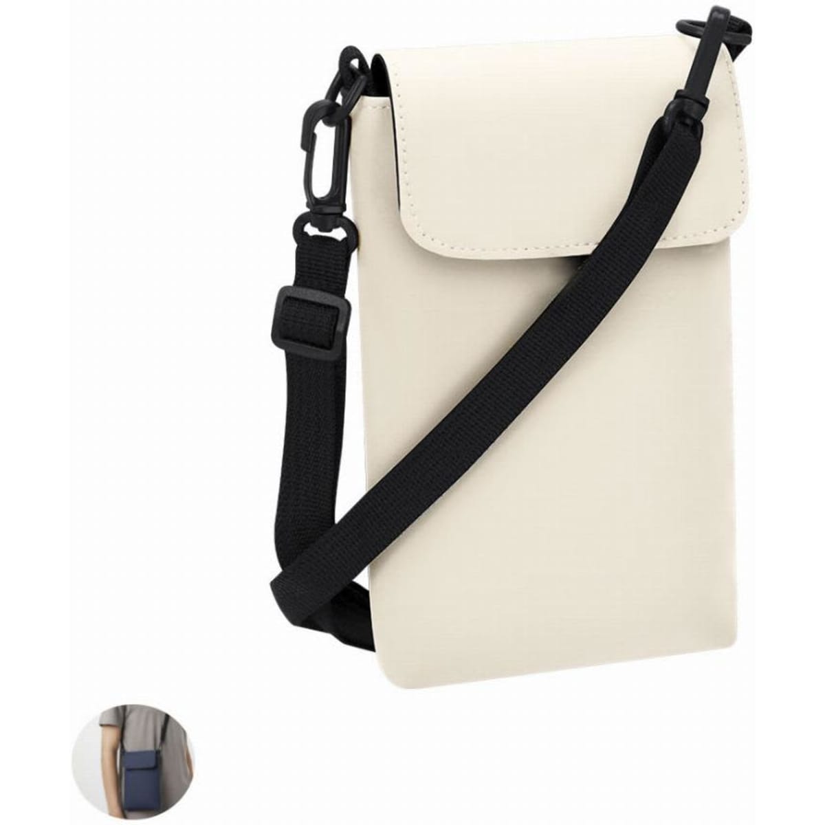 A crossbody bag in cream with a black strap, featuring a flap closure and a branding logo.
