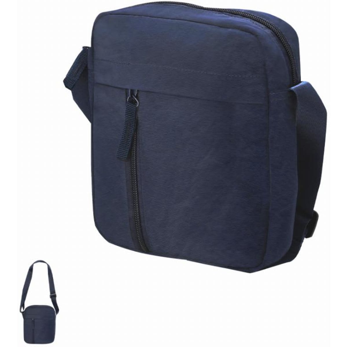 A navy crossbody bag with a zippered front pocket and an adjustable strap. It features a minimalist design.