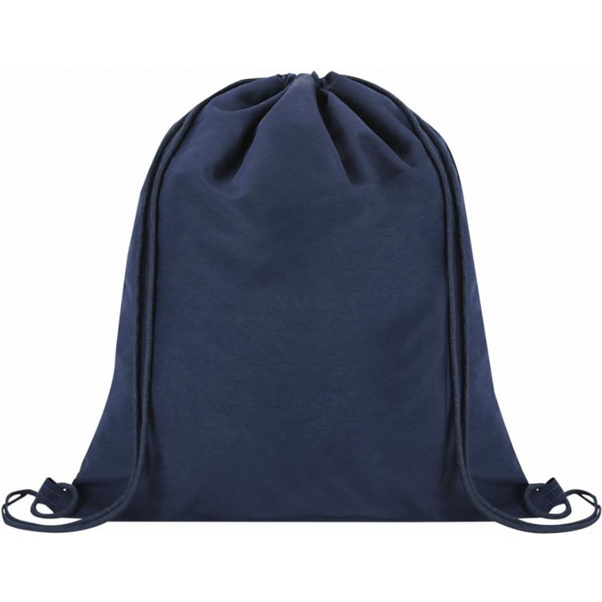 A drawstring bag in navy blue with a closed top and adjustable straps. Features a simple design without logos.