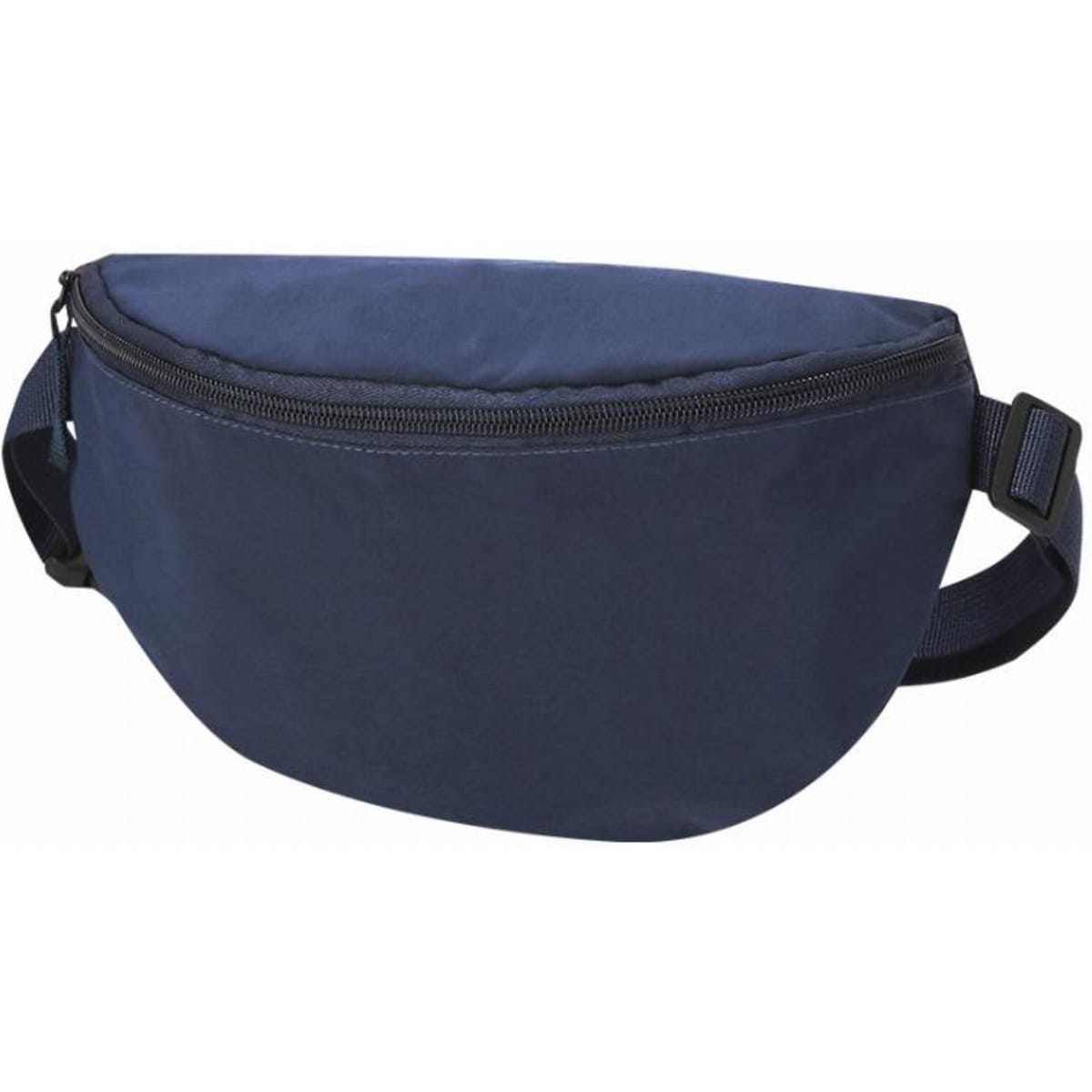 A navy blue waist bag with a zippered compartment and an adjustable strap. It features a simple design and branding.