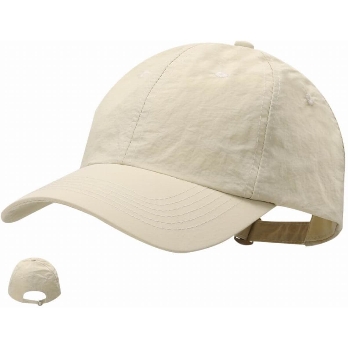 A cap in a light beige colour with a curved brim and an adjustable strap at the back. It has a logo on the front.