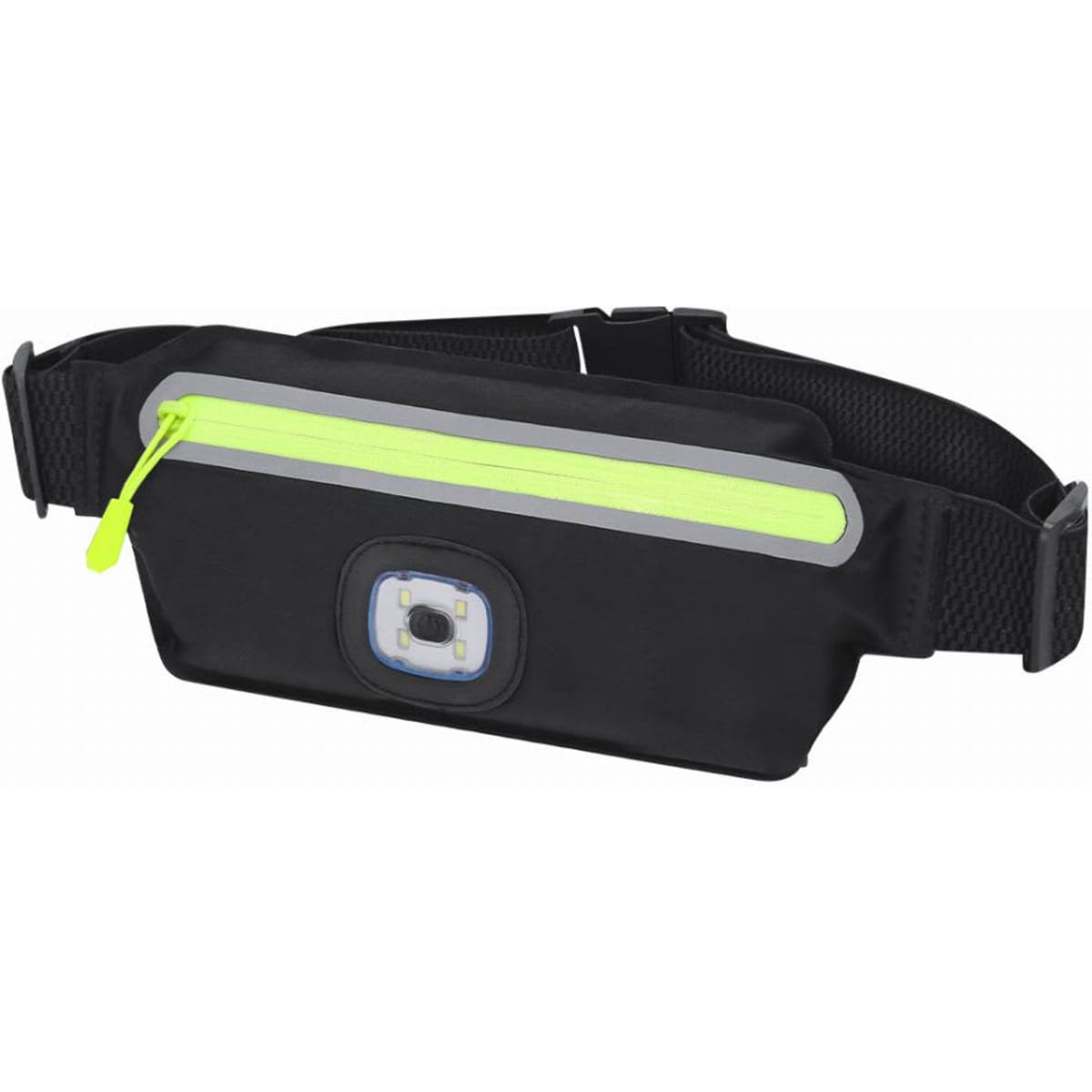 A waist bag in black with a yellow reflective strip and a front pocket, featuring a logo on the front.