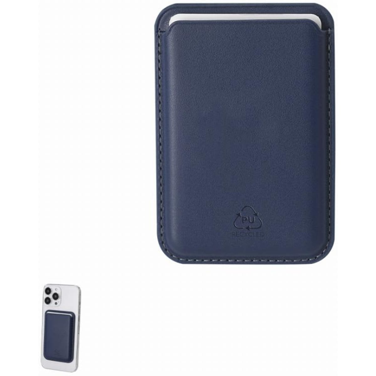 A navy blue business card holder with a sleek design, featuring a logo on the front and space for cards.