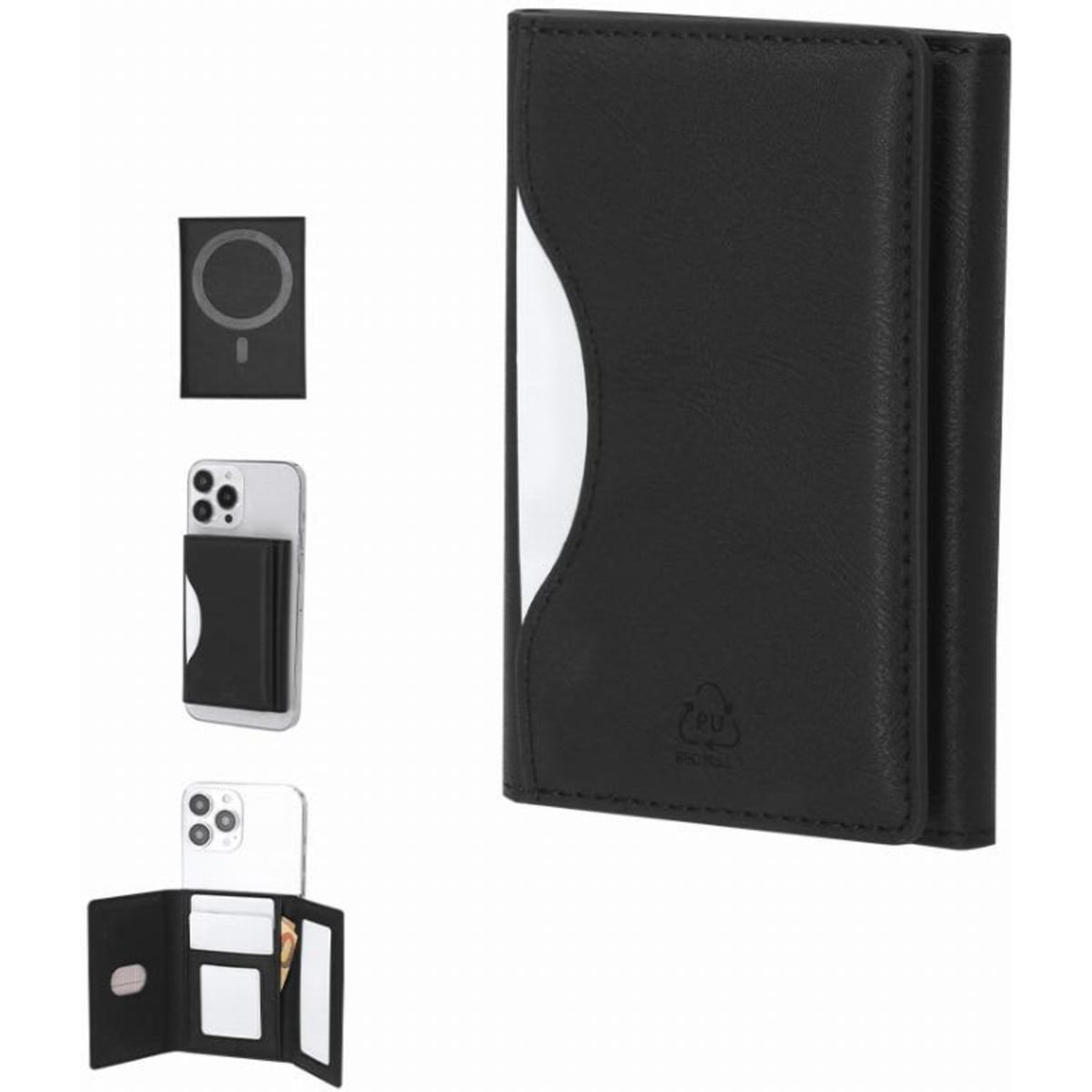 A black wallet with a sleek design, featuring space for cards and a transparent ID holder. Includes a logo.