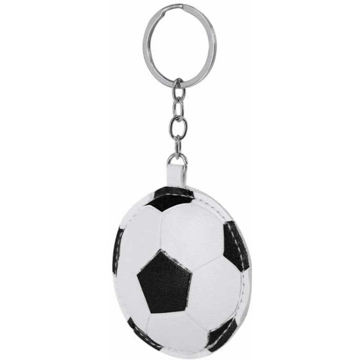 A keychain featuring a small, black and white soccer ball design, attached to a metal keyring.
