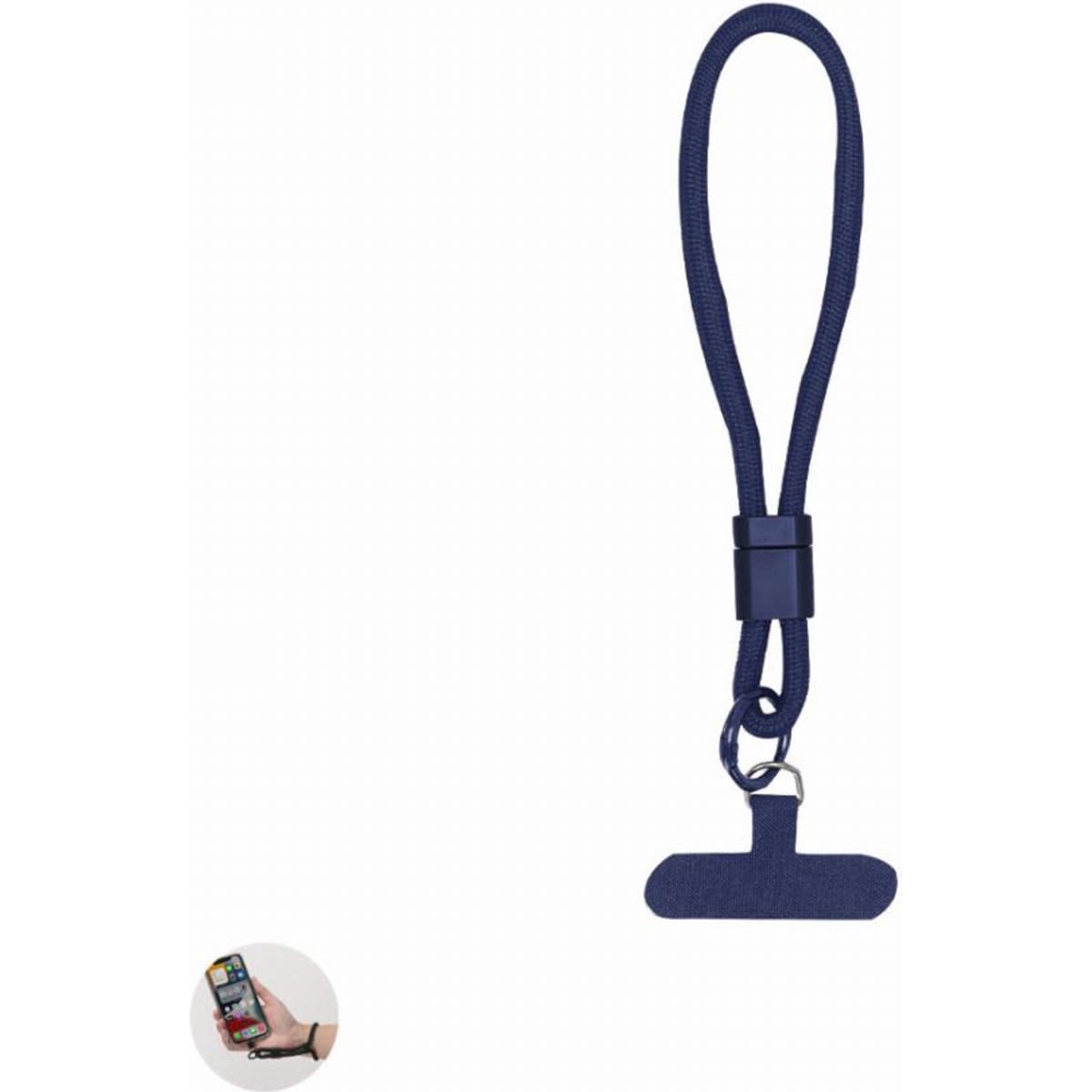 A navy blue lanyard with a clip and a sliding adjuster for securing items, featuring a modern design.
