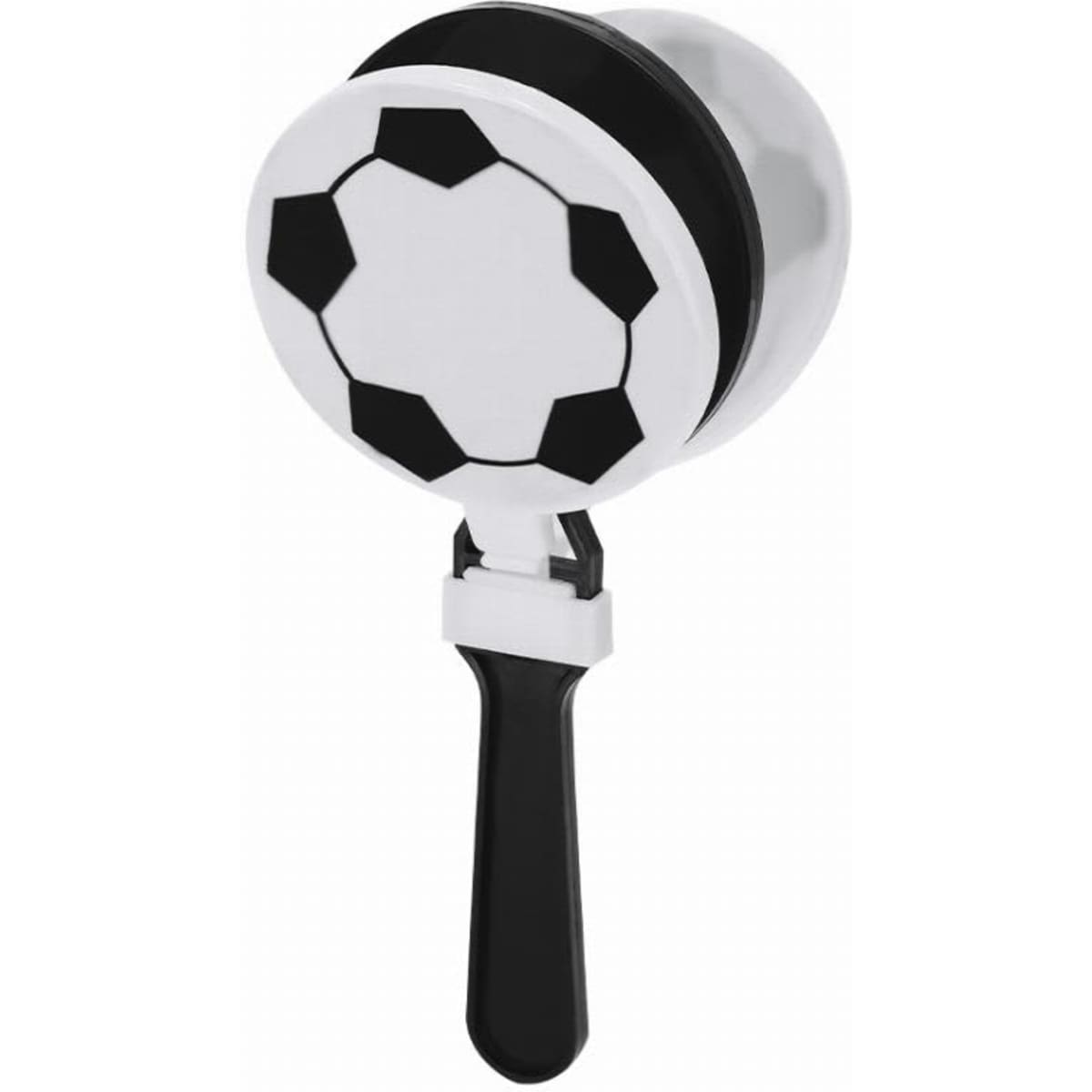 A soccer-themed hand clapper featuring a black and white design with a handle.