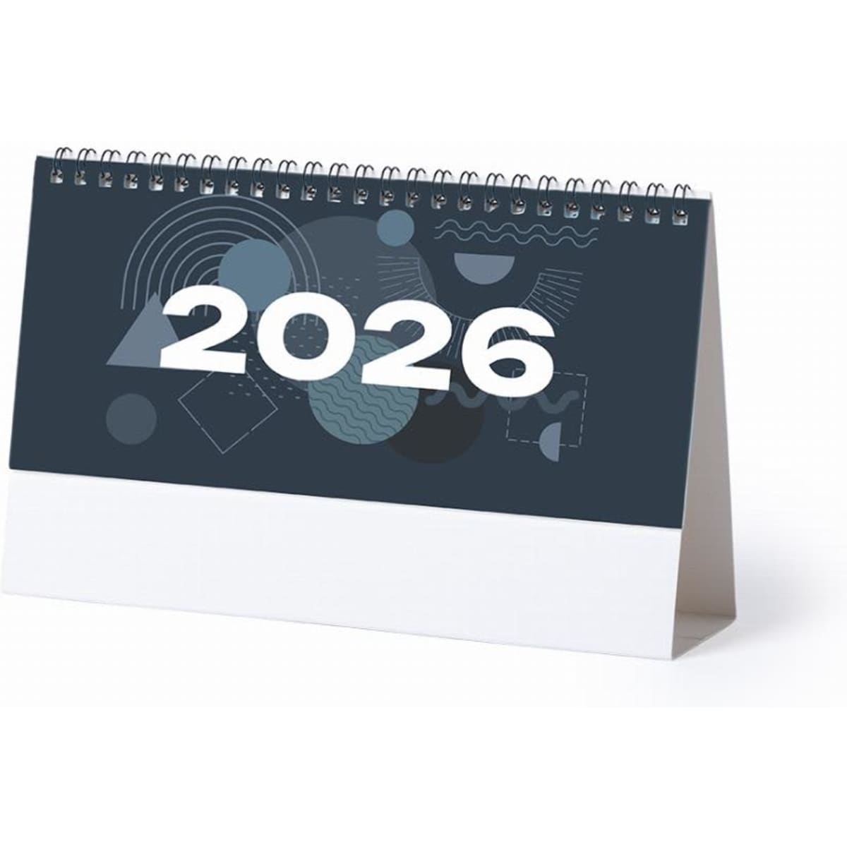 A desk calendar for 2026 with a dark background featuring abstract shapes and a spiral binding.