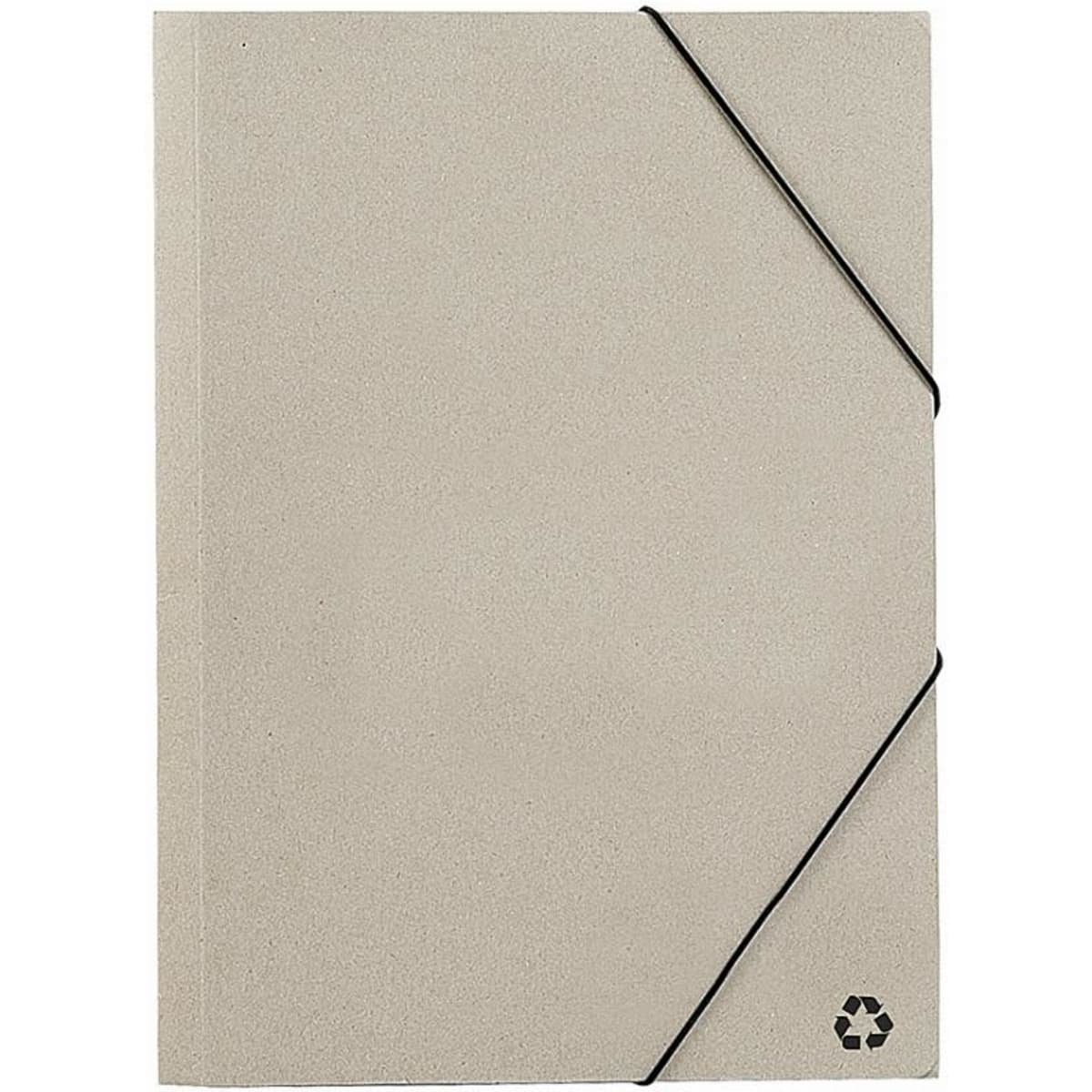 A recycled notebook with a beige cover, secured with a black elastic band and featuring a recycling symbol.