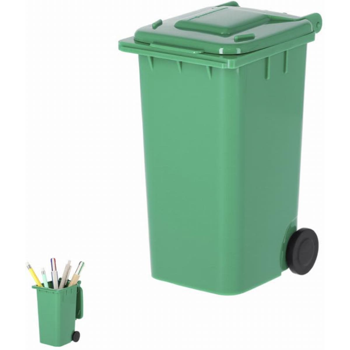 A green recycling bin with a lid, featuring wheels and a smaller container with pens and markers.
