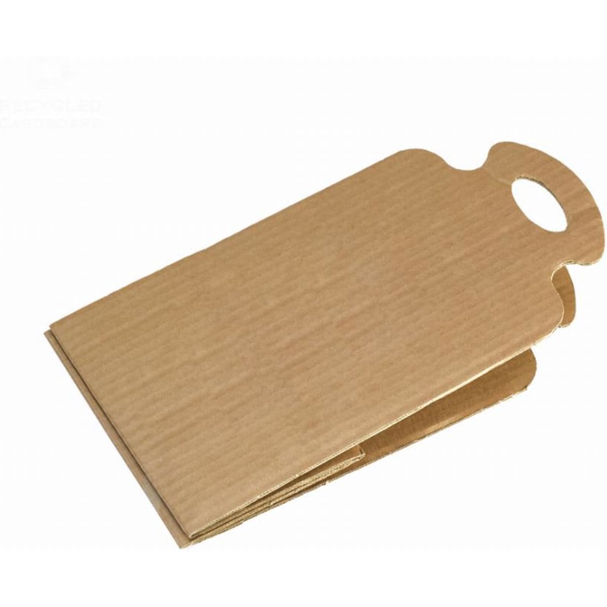 A cardboard product holder in a light brown colour, featuring a cut-out handle at the top.