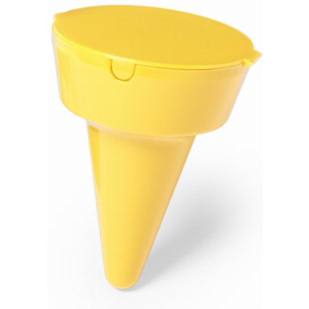 A yellow promotional product in a cone shape with a rounded top, featuring a lid.
