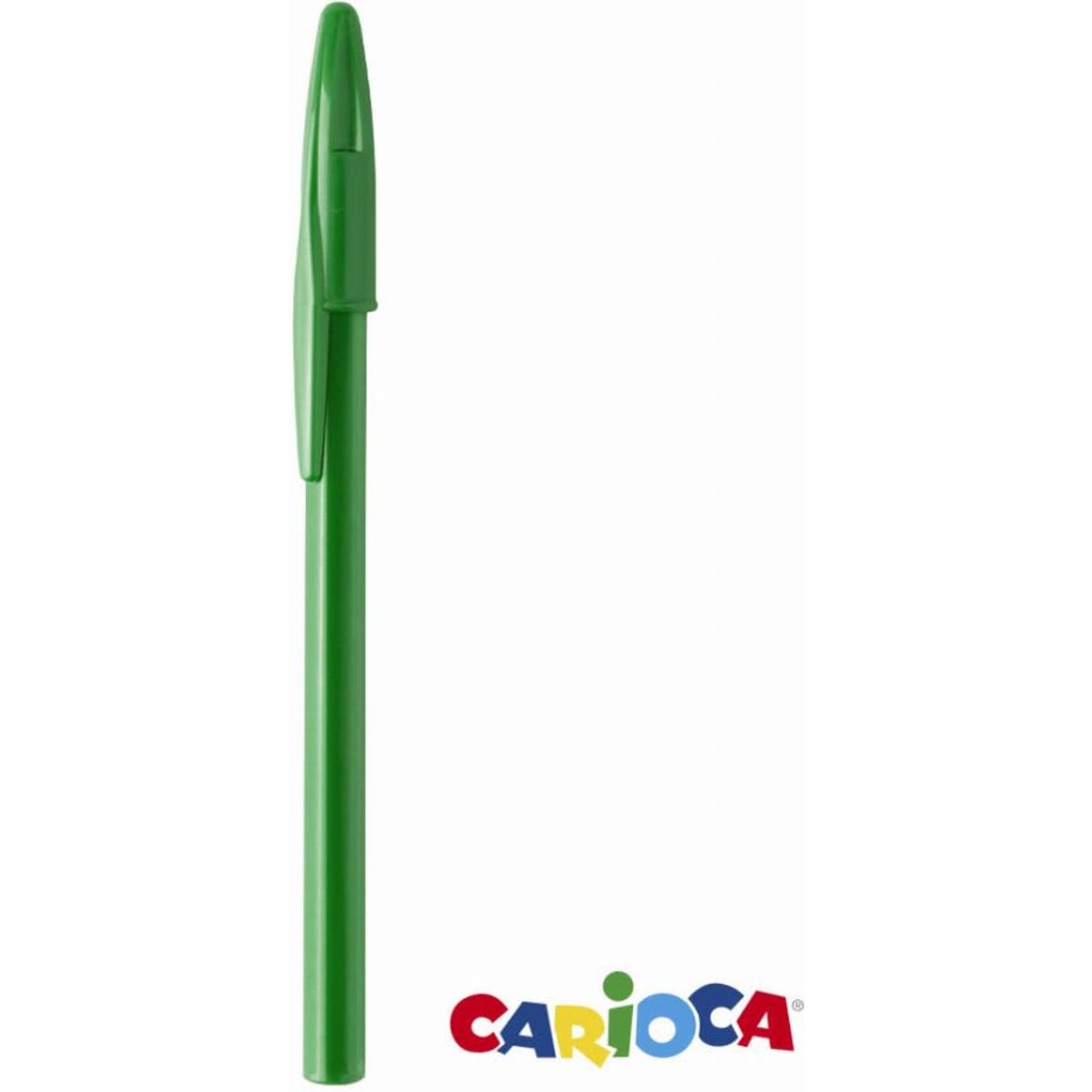 A green pen with a clip and a branding logo at the bottom.