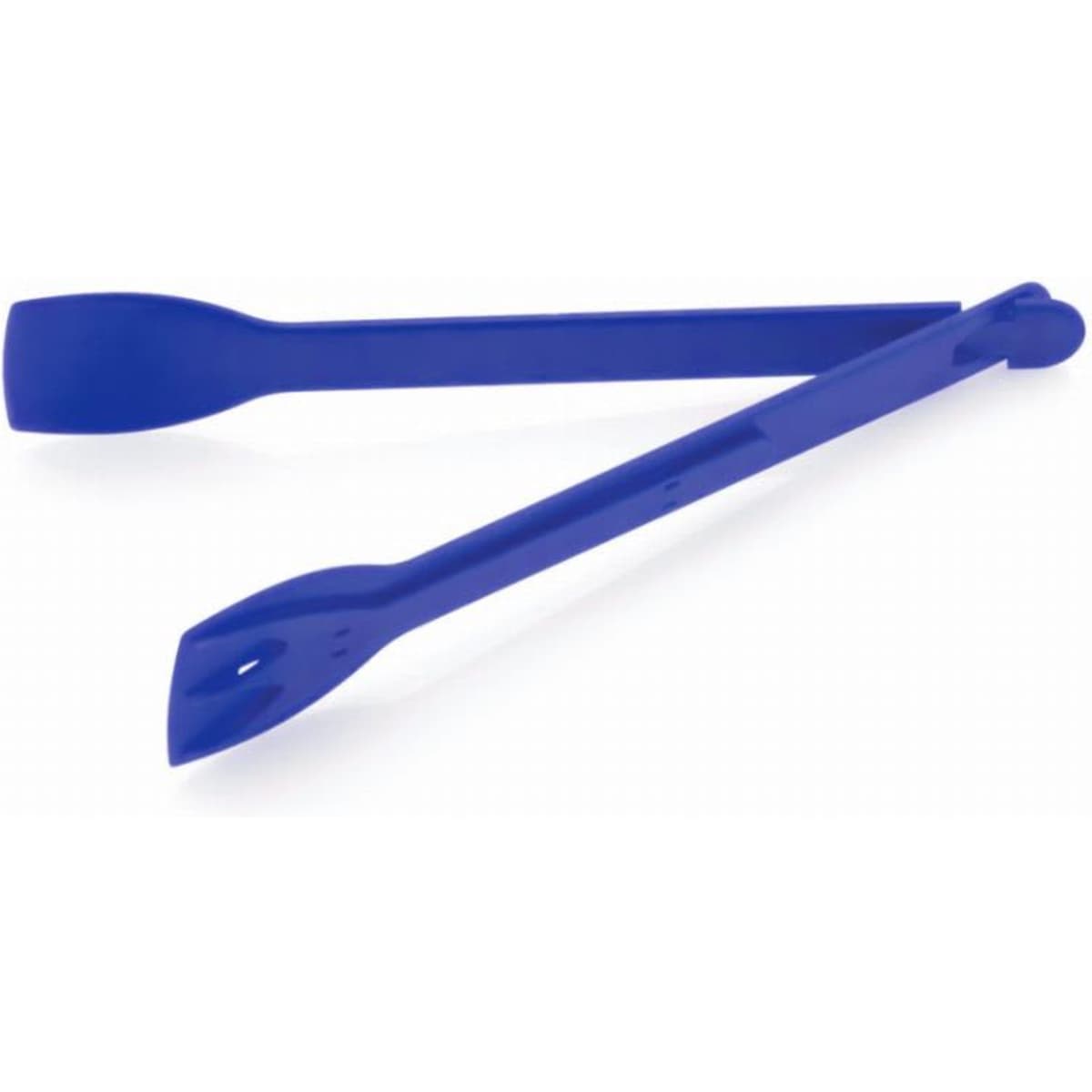 A pair of blue silicone kitchen tongs with varying end shapes, featuring a simple design and no visible branding.