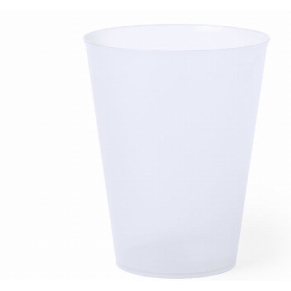 A clear plastic cup with a smooth surface, featuring a tapered design and a slightly frosted finish.