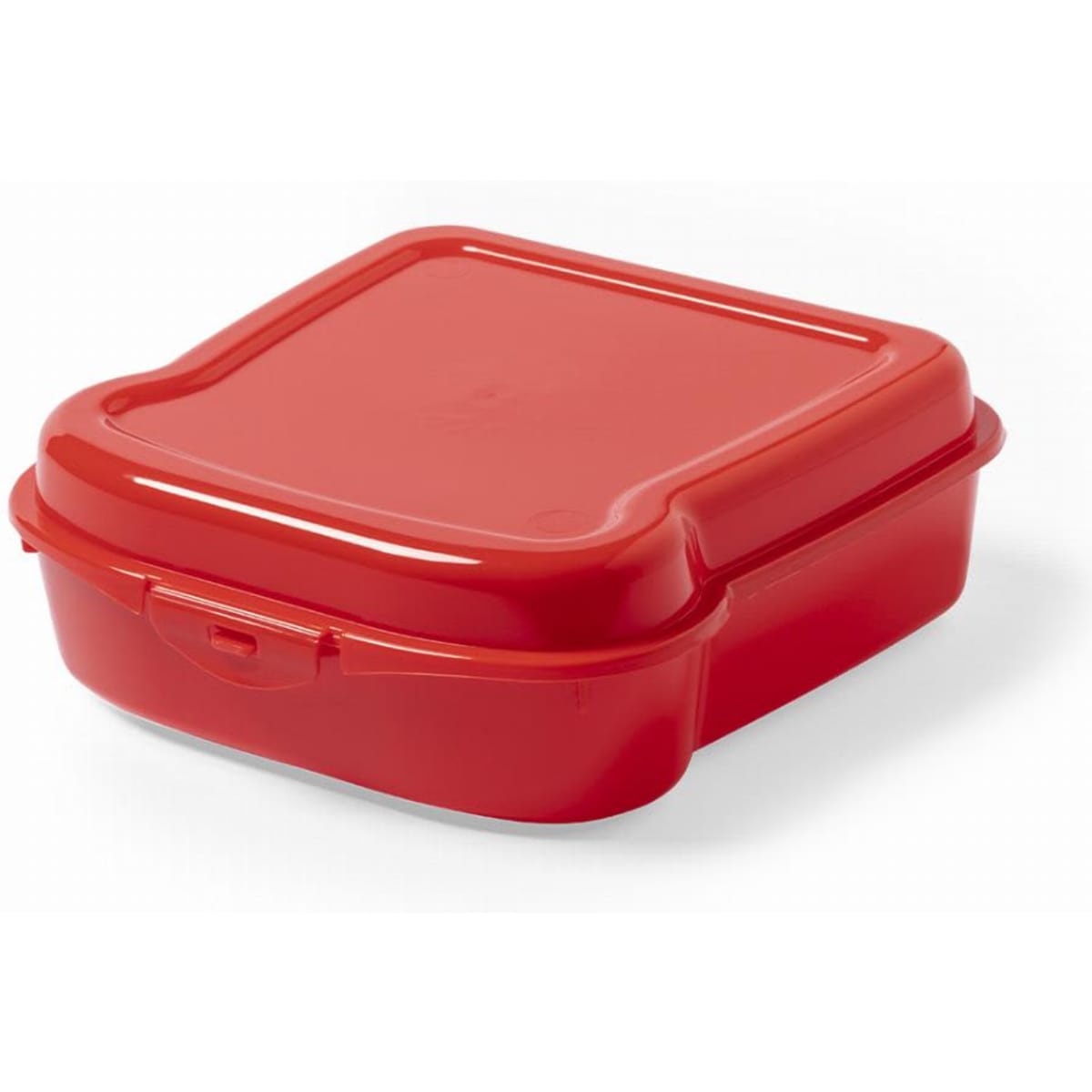 A red square lunch container with a hinged lid and a secure closure.