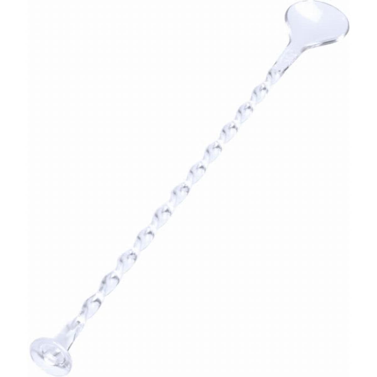 A clear mixing spoon with a long, twisted handle and a rounded scoop at the end, featuring a simple design.